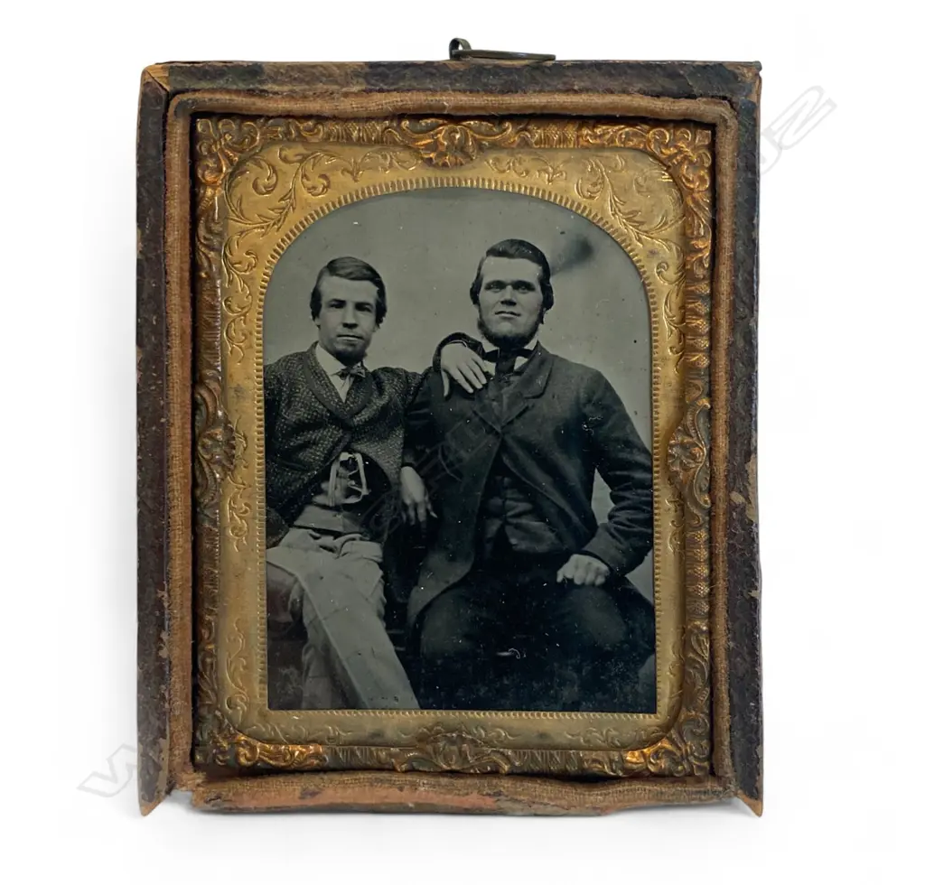 Leather gilt framed and matted ambrotype - two seated men, Image 1++
